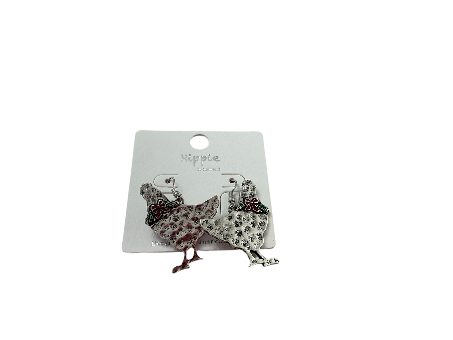 Silver chicken-shaped Christmas earrings with engraved details and neck bows. Available sizes: small, medium, large.
