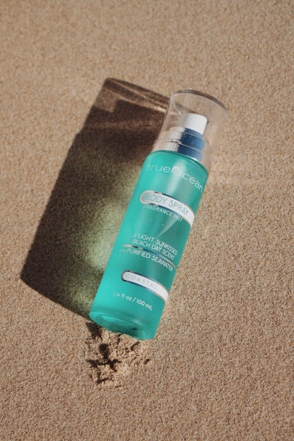 True Ocean Body Spray, 3.4 oz turquoise bottle, labeled as coastal fragrance mist, available in 3.4 oz size only.