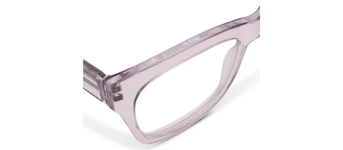 Peepers Shine On blue light glasses with translucent light purple plastic frame. Available in narrow, medium, and wide sizes.