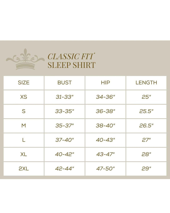 Size chart for the Emily Short Sleeve Button Up and Sleep Pant Set, available in sizes XS to 2XL; measurements include bust (31-44”), hip (34-50”), and length (25-29”) shown in columns.