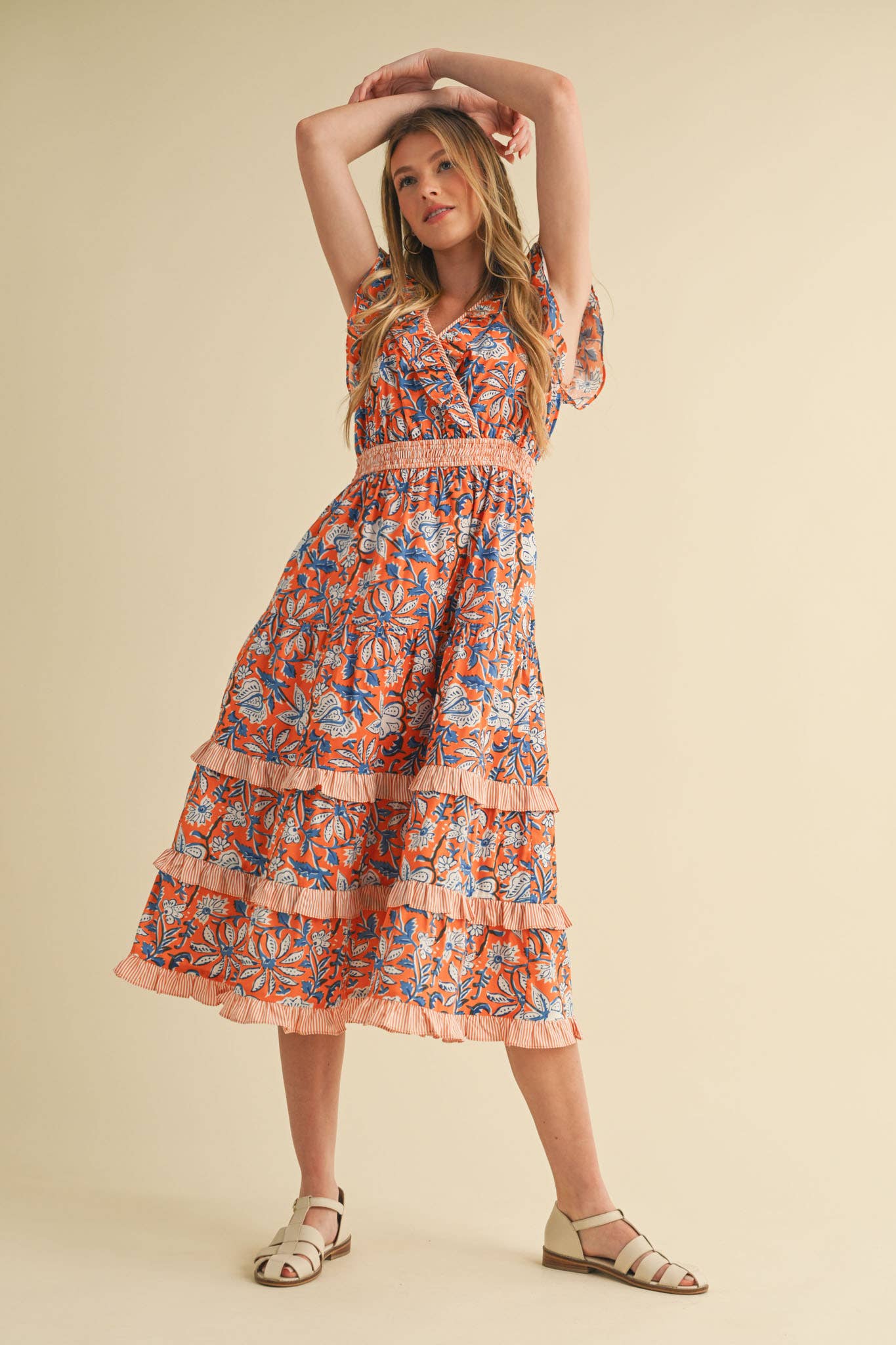 Mixed Floral Print Ruffle Trim Midi Dress with ruffled layers, short sleeves, smocked waistband. Sizes: XS-XL.