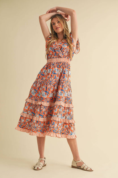 Mixed Floral Print Ruffle Trim Midi Dress with ruffled layers, short sleeves, smocked waistband. Sizes: XS-XL.