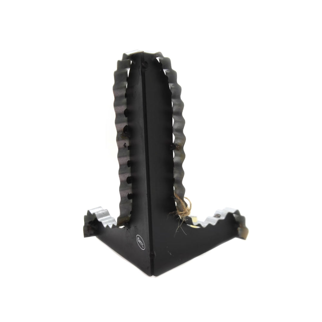 Mini black galvanized metal easel with a scalloped edge.