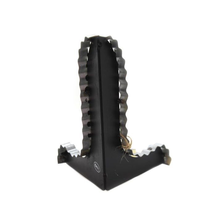 Mini black galvanized metal easel with a scalloped edge.