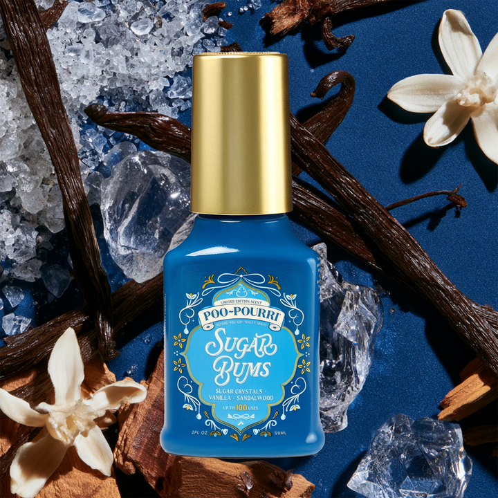 Holiday Poo~Pourri Sugar Bums 2oz in a blue bottle.