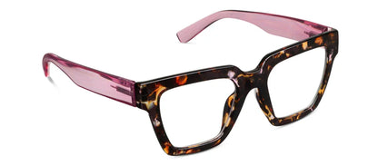 Rectangular blue light glasses with tortoiseshell front frames and translucent pink arms; available in multiple sizes.