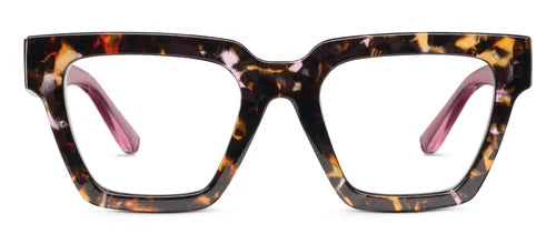 Peepers Progressives - Take a Bow Pink Botanico/Pink eyeglasses with thick, square tortoiseshell frames and pink temples, compatible with blue light and progressive lenses. Available in sizes: narrow, average, and wide.