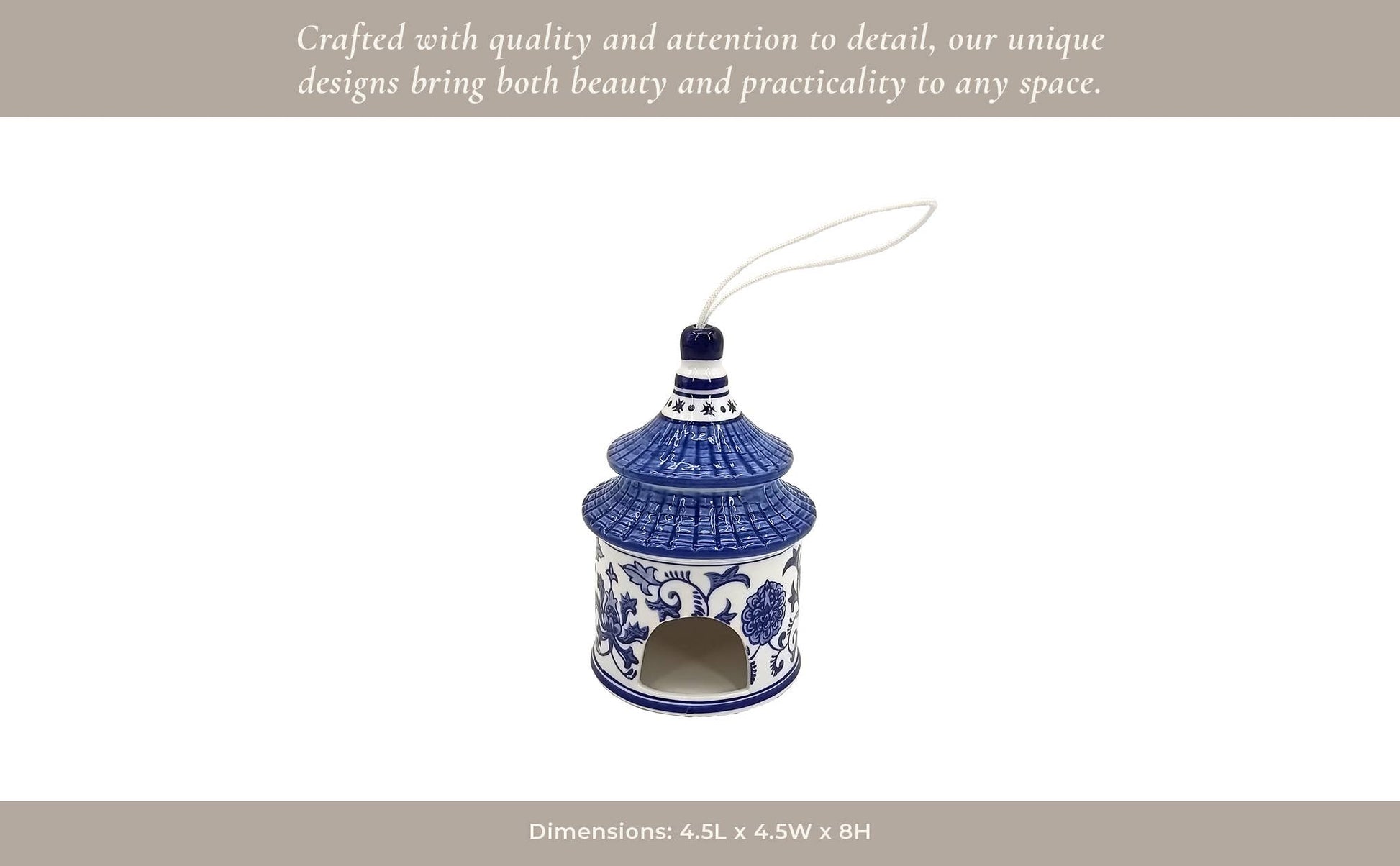 White/Blue ceramic Chinoiserie pagoda bird house with floral design, hanging loop. Size: 8"H x 5"W.