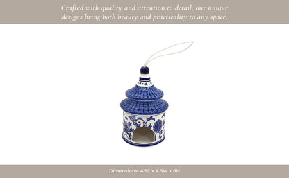 White/Blue ceramic Chinoiserie pagoda bird house with floral design, hanging loop. Size: 8"H x 5"W.