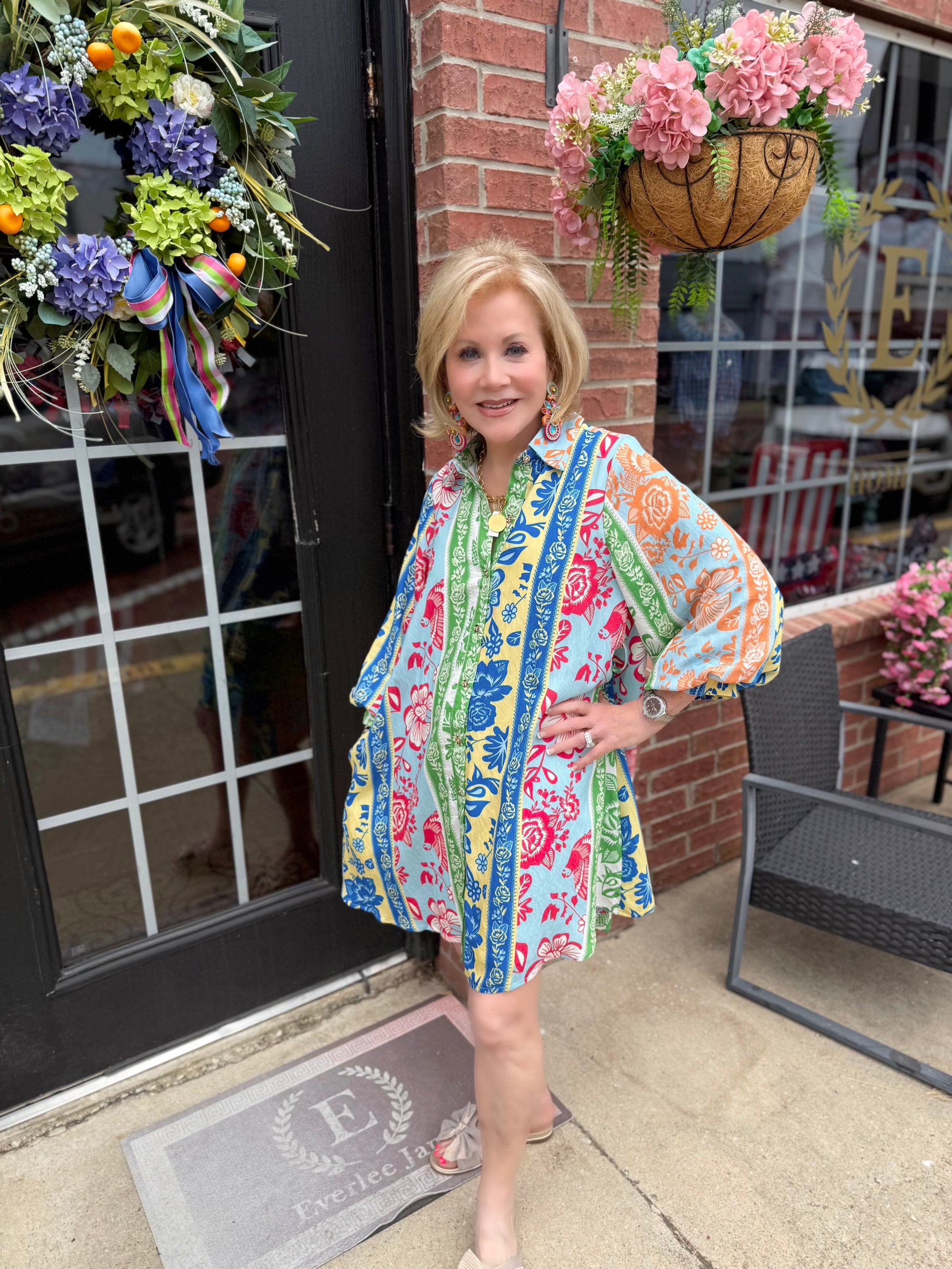 On Vacation Time Dress with colorful botanical print, available in sizes XS–XL.