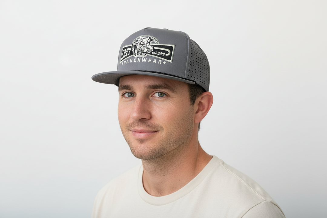 Lazy Ranch Grey Hat with bull logo and "Ranchwear" patch. Available in S, M, L, XL.