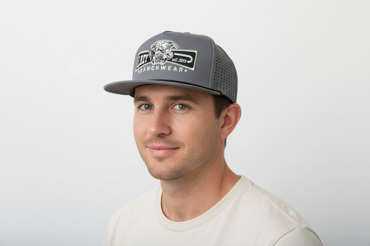 Lazy Ranch Grey Hat with bull logo and "Ranchwear" patch. Available in S, M, L, XL.