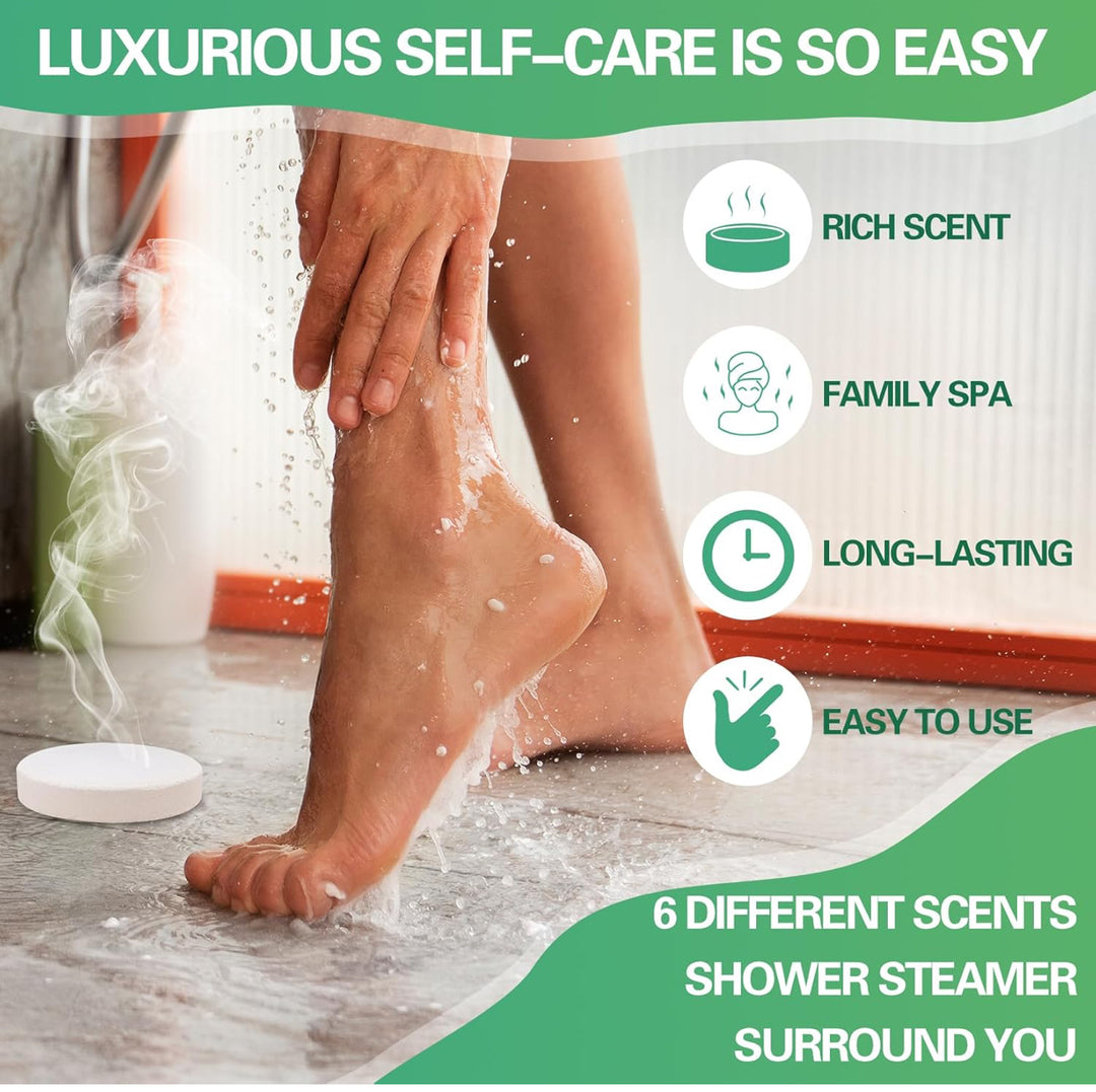 Misty white Shower Steamer on floor, rich scent, long-lasting, six essential oil aromas. Available in standard size.