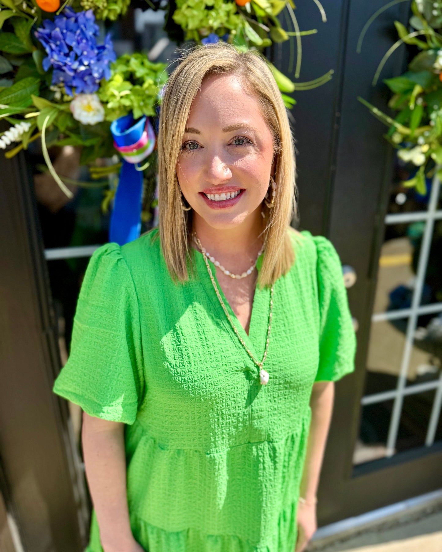 Bright green Kinsley Green Seersucker Dress. Available in sizes XS-XL.