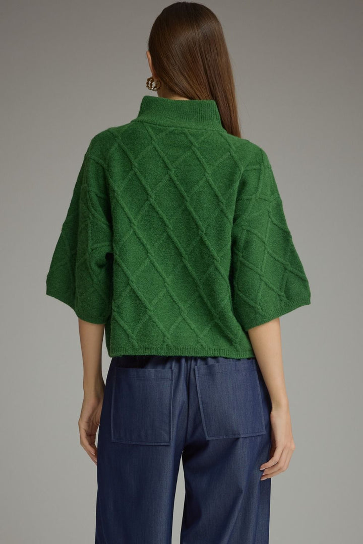 Green diamond textured sweater with high stand collar, elbow-length sleeves, and cropped hem.