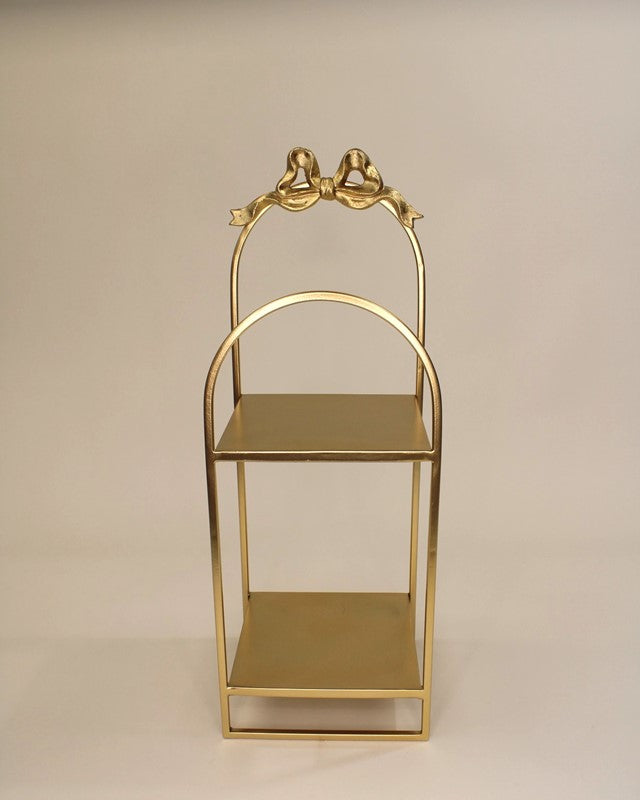 Gold metal 2-tier tabletop shelf with rectangular design, curved handles, and two decorative bird figures on top; available sizes: small and large.