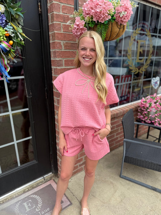 Pearl Pink Ribbon Trim Textured Set featuring cozy textured knit and delicate ribbon trim. Available in sizes XS-XL.