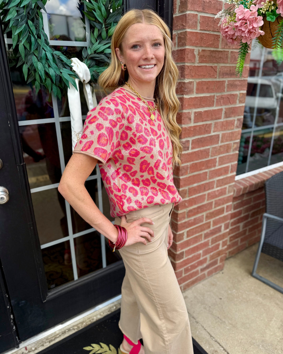Pink Sequin Covered Leopard Top, available in sizes XS-XL.