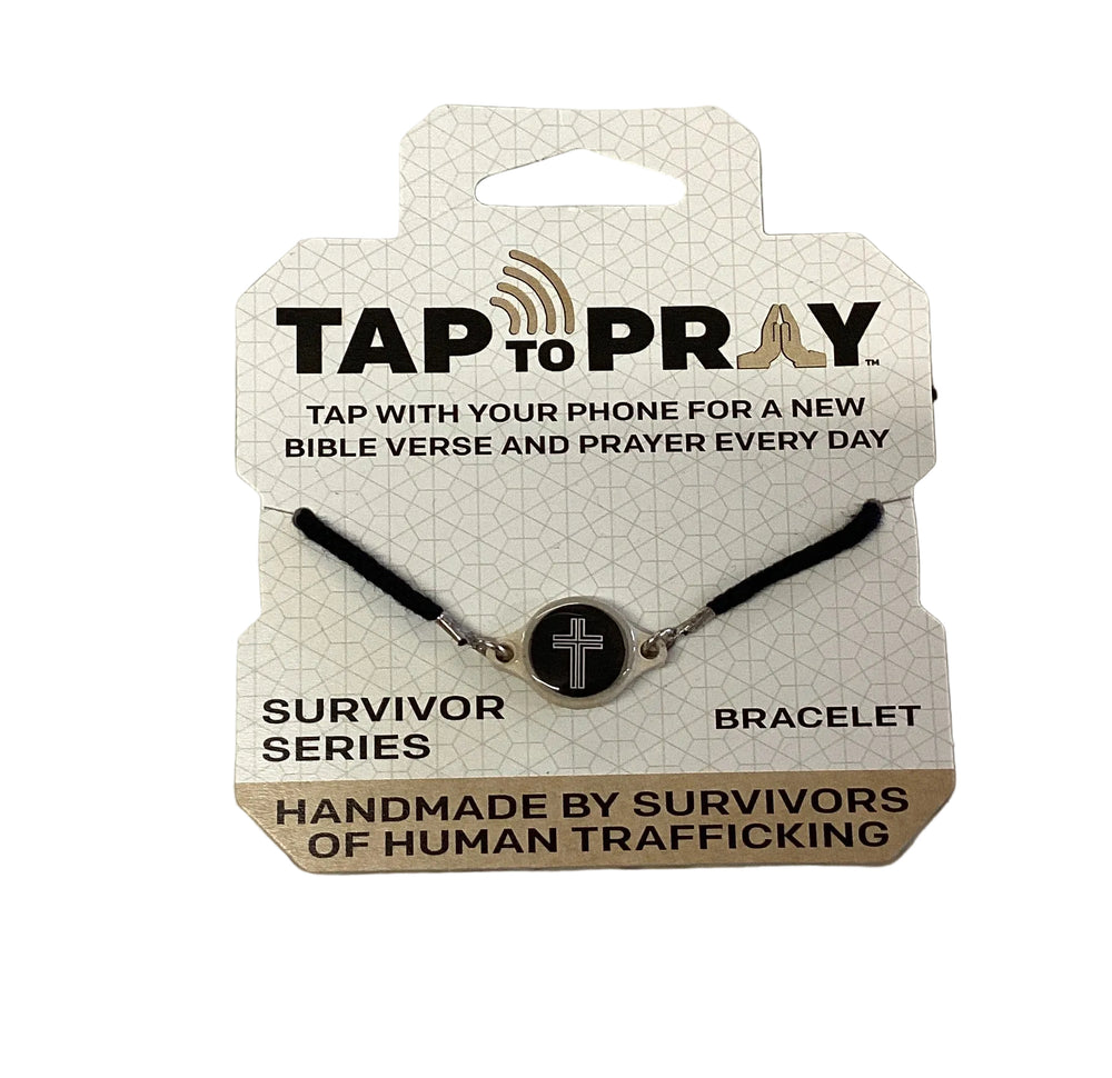 Black Tap To Pray Bracelet with silver cross charm, available in multiple sizes.