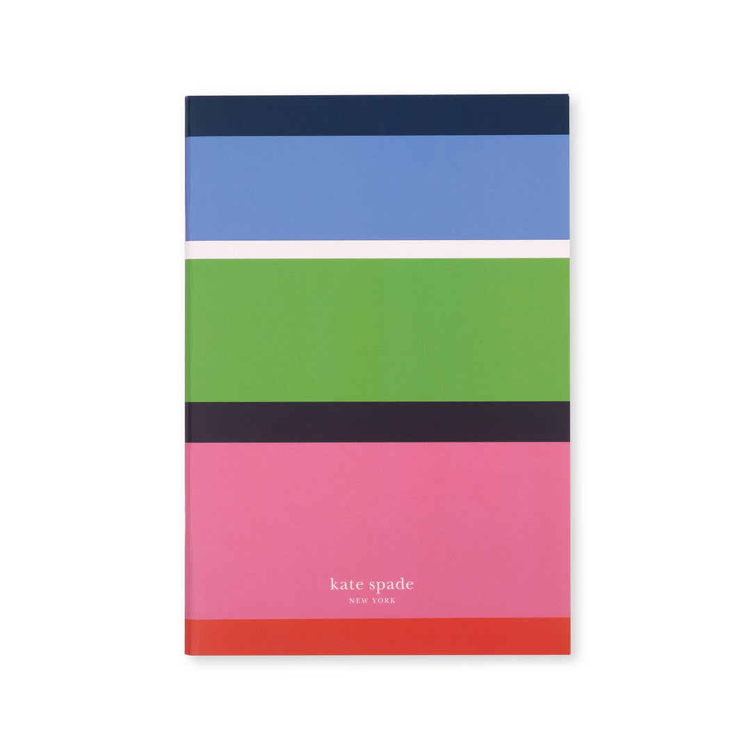 Triple Notebook Set, Sunny Day Stripe: blue, white, green, black, pink, red stripes; "kate spade NEW YORK" logo; sizes available.