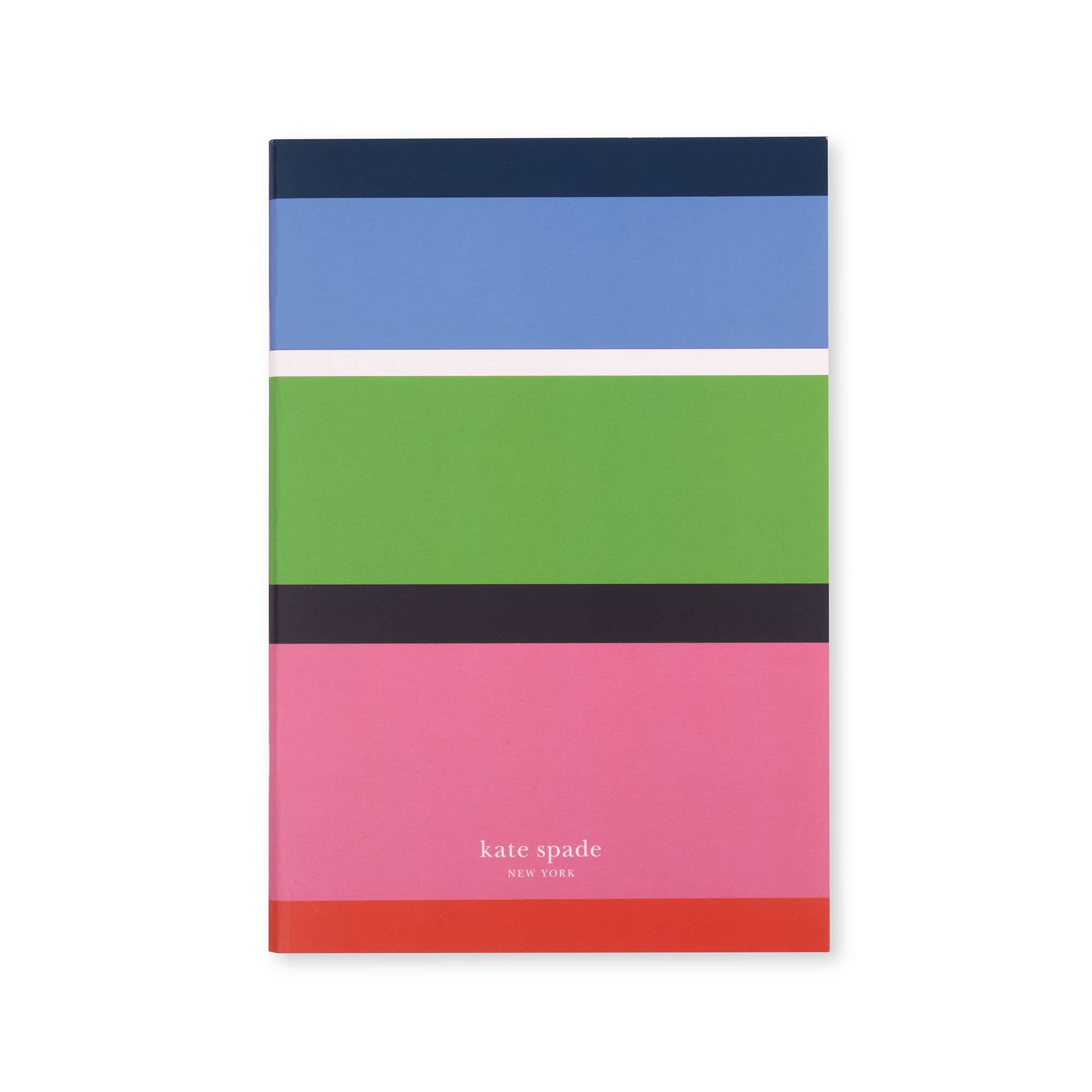 Triple Notebook Set, Sunny Day Stripe: blue, white, green, black, pink, red stripes; "kate spade NEW YORK" logo; sizes available.