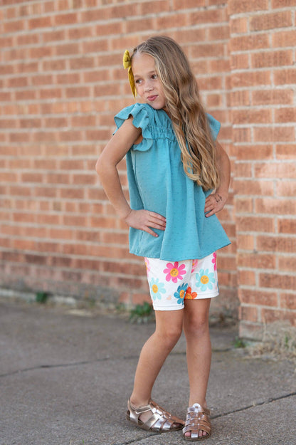 Girls Happy Flower Short Set with teal swiss dot flutter sleeve top. Available in sizes 2T-7.