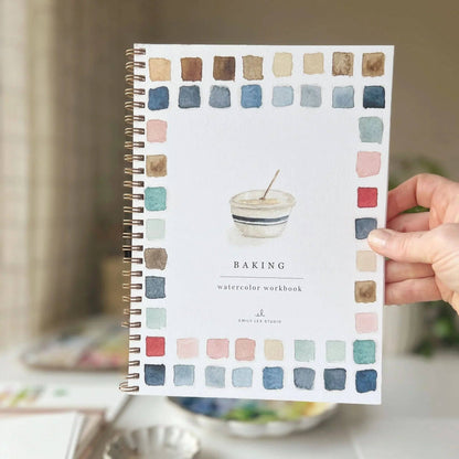 Baking Watercolor Workbook, spiral-bound with whimsical baking illustrations, painted bowl, and watercolor swatch border on the cover. Sizes available: various.