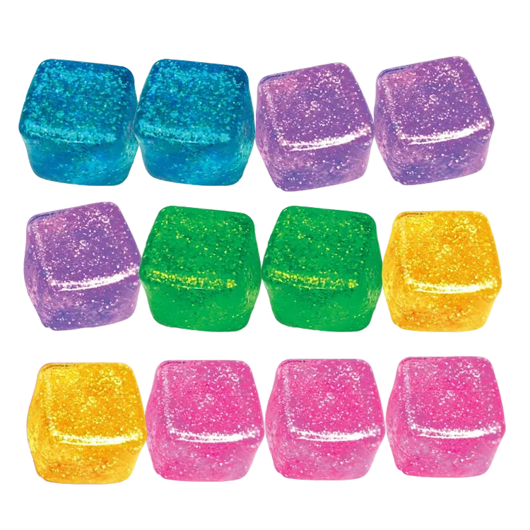 Twelve Fun Doh Squish &amp; Squeeze Sparkle Cube Fidget Toy, 12-pack, in blue, purple, green, yellow, and pink, sparkly, semi-translucent, squishy squares.