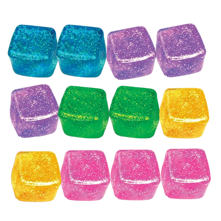 Twelve Fun Doh Squish &amp; Squeeze Sparkle Cube Fidget Toy, 12-pack, in blue, purple, green, yellow, and pink, sparkly, semi-translucent, squishy squares.