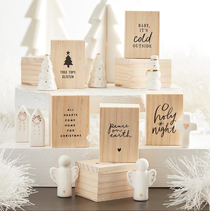 Ceramic figurine and pine wood block Christmas set.