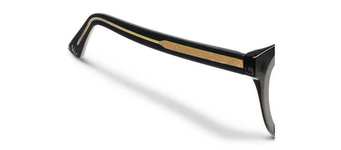 Peepers Progressives Fanfare Black oversized square eyeglasses frame arm with a gold stripe design. Available in multiple sizes.