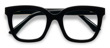 Peepers Progressives Fanfare Black rectangular eyeglasses with thick black frames and progressive lenses, arms slightly open. Available sizes: narrow, average, wide.