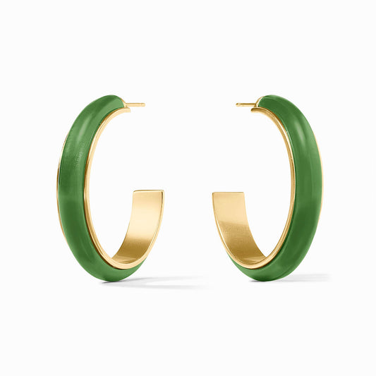 Carnaby Hoop Earrings in Palmetto Green, gold and acrylic. Available in small, medium, and large sizes.