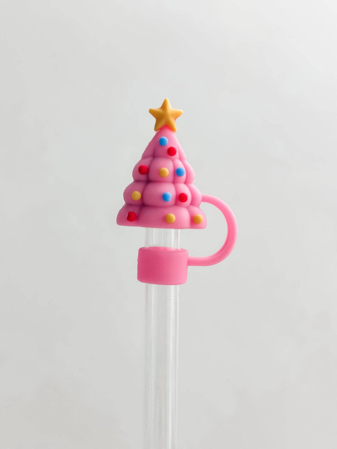 10mm pink Christmas tree straw cover with yellow star topper and colorful ornaments, sized for 10mm Stanley straws.