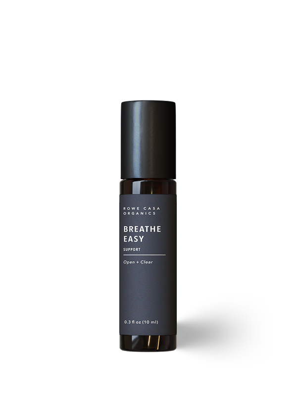Small dark bottle with black cap, labeled “Breathe Easy Support | 10 ml,” for aromatherapy or respiratory support, made with essential oils. Available size: 10 ml.