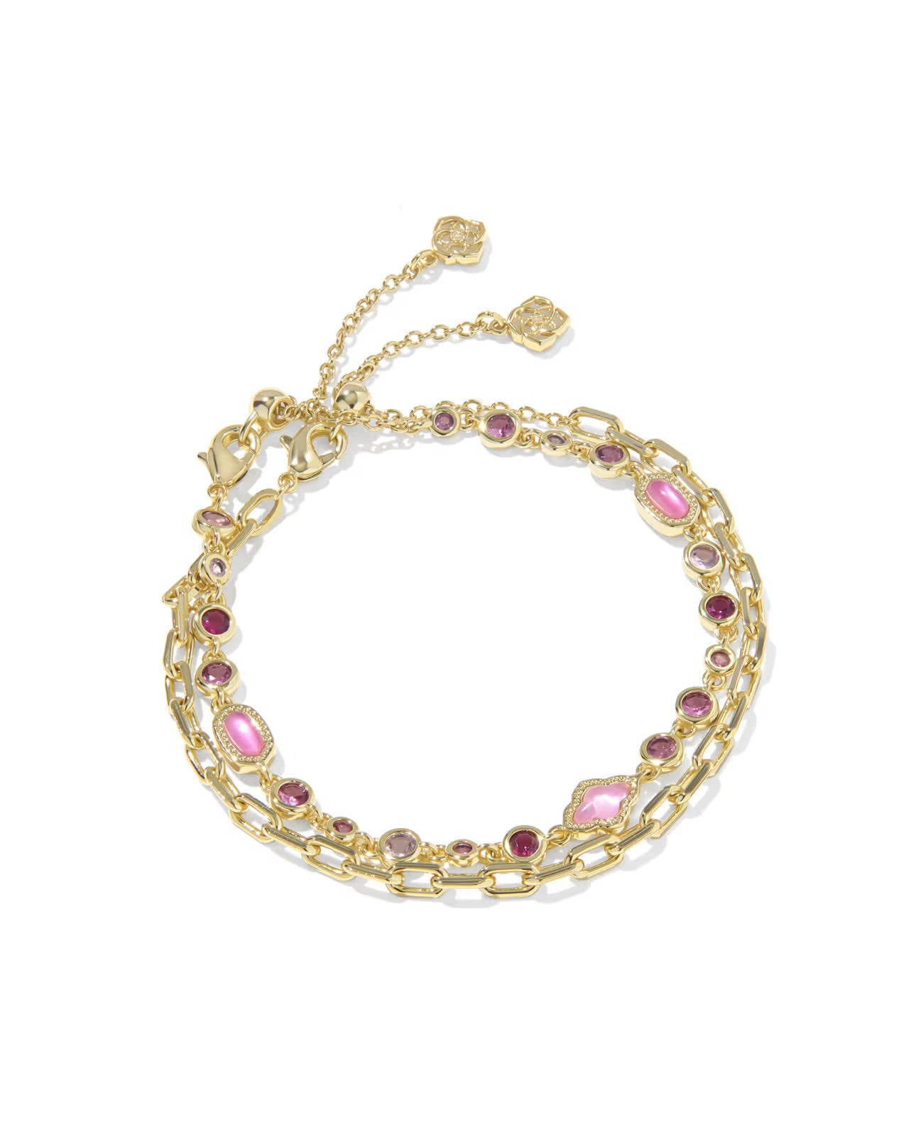 Set of 2 gold chain bracelets with pink and purple gemstones, adjustable clasps, two charms, and a pink crystal. Sizes vary.