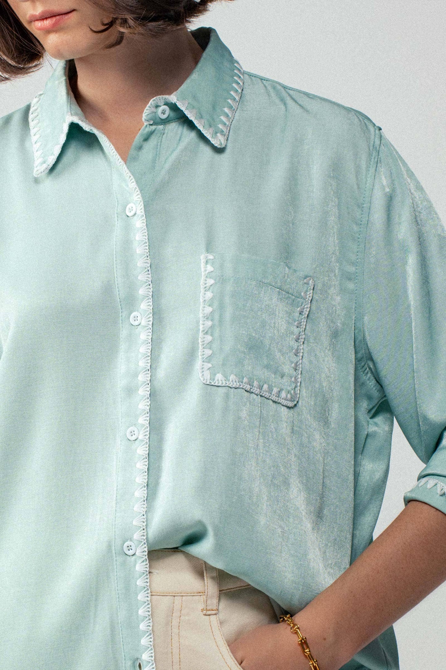 Sage Smooth Silk Long Sleeve Dress Shirt with white stitching, front pocket; available in sizes XS–XL.