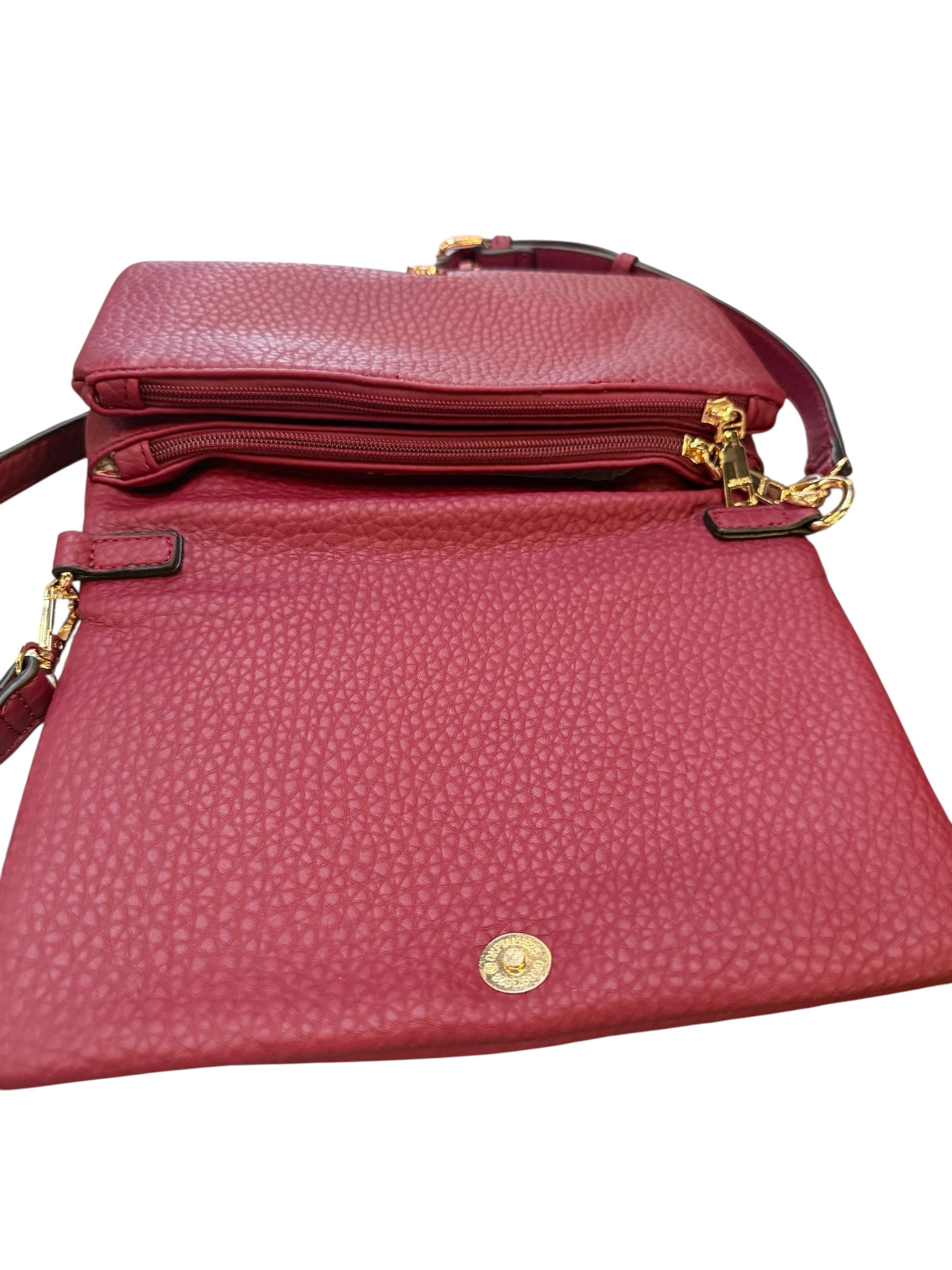 Textured red Phiona Studded Flapover Crossbody with gold hardware, zipper pocket, adjustable strap; sizes: small, medium.
