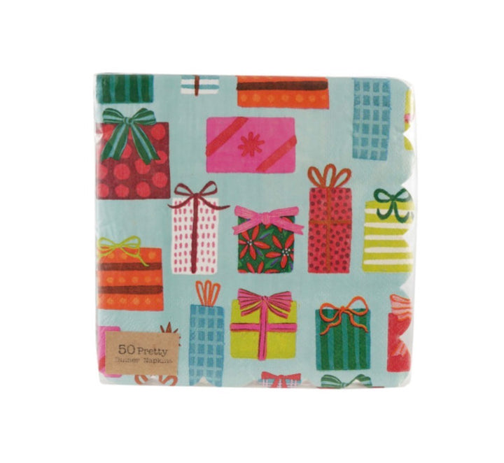 Stack of 50 scalloped gift dinner napkins with colorful gift box patterns and bows.