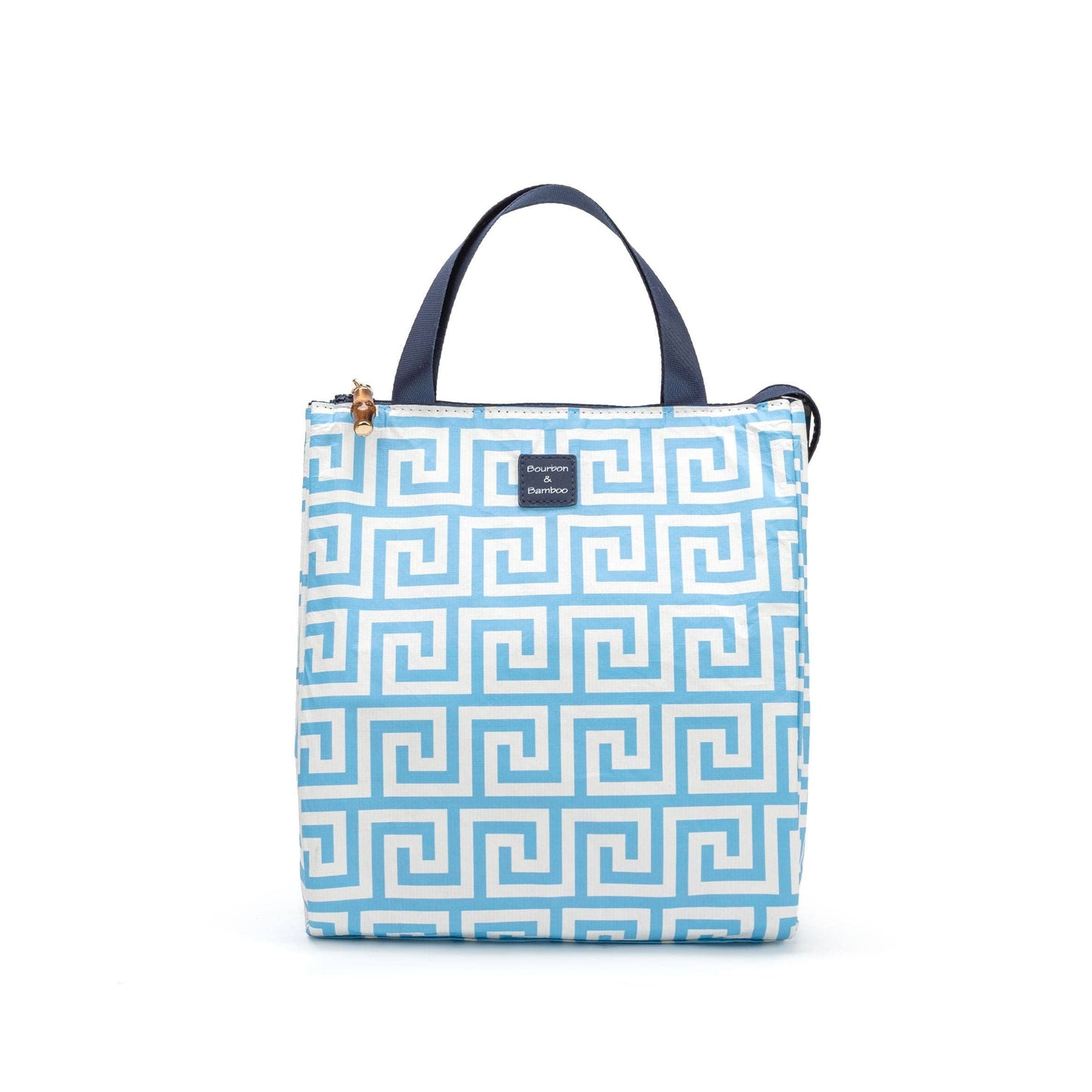 French Blue Greek Key lunch tote with short navy handles, insulated lining, zipper closure. Sizes: Small, Medium, Large.