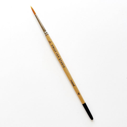 Thin round watercolor paintbrush, size 4, wooden handle, silver ferrule, orange synthetic bristles. Sizes: 4 and others.