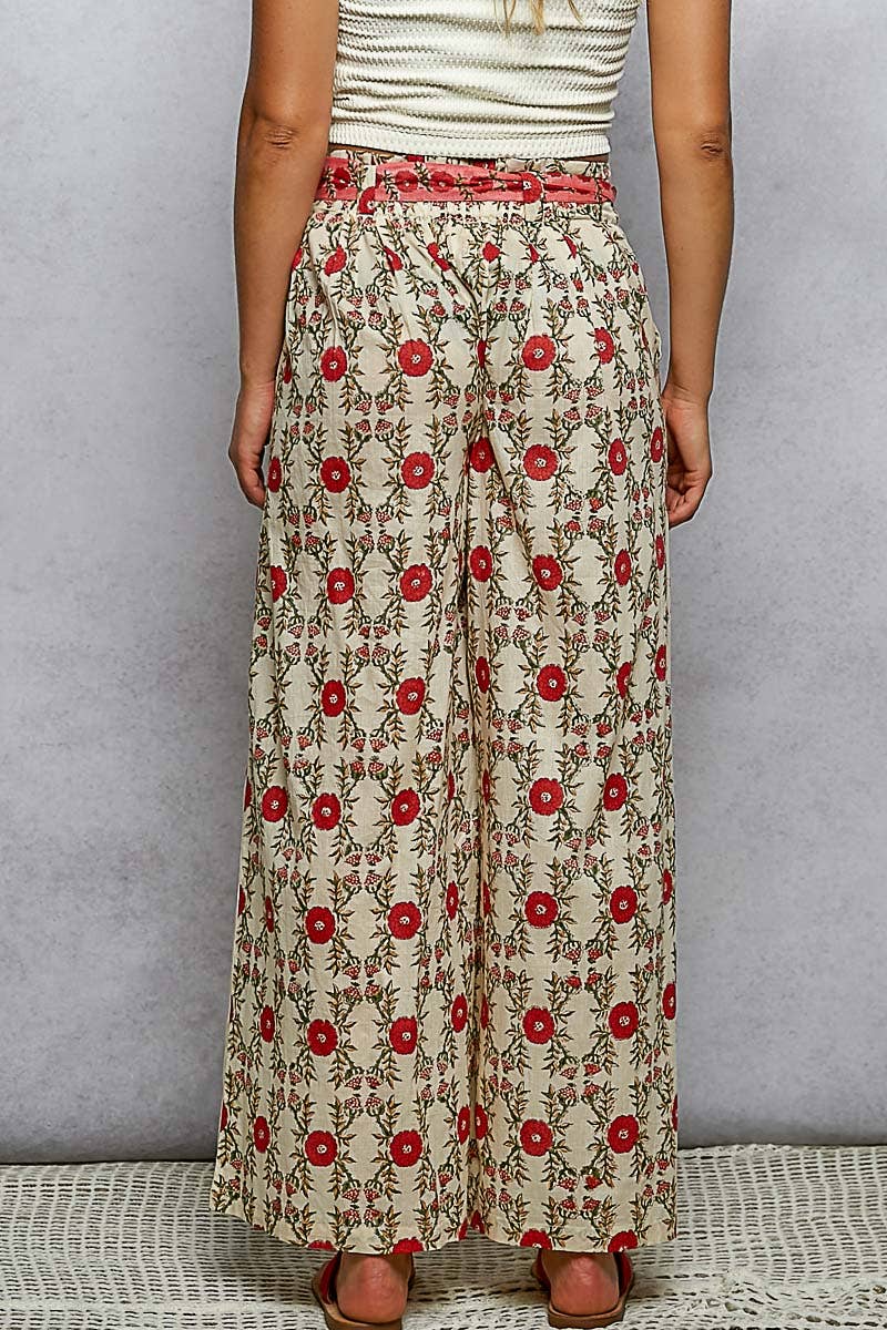 Straight Fit Waist Belt Floral Pattern Pants, red floral on cream. Available in sizes XS–XL.