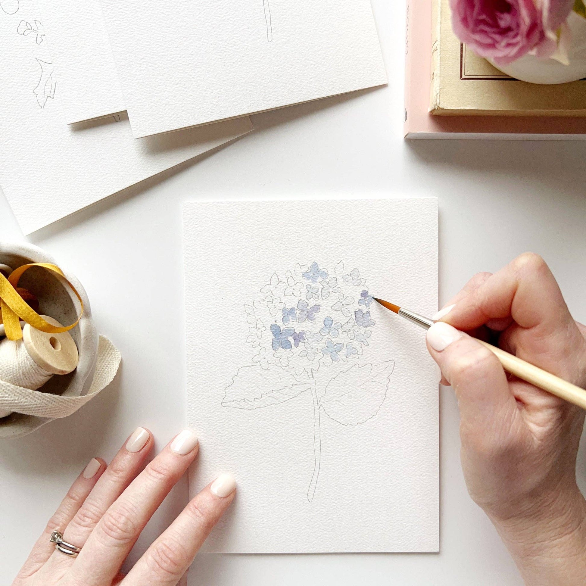 Garden Flowers Paintable Notecards | Set of 8; white notecards with a hydrangea design, available in standard card size.