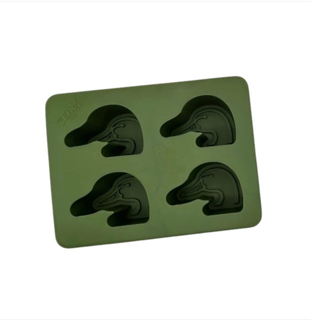 Green silicone Ducks Unlimited Ice Mold tray with four duck head-shaped cavities in two rows of two; available sizes not specified.