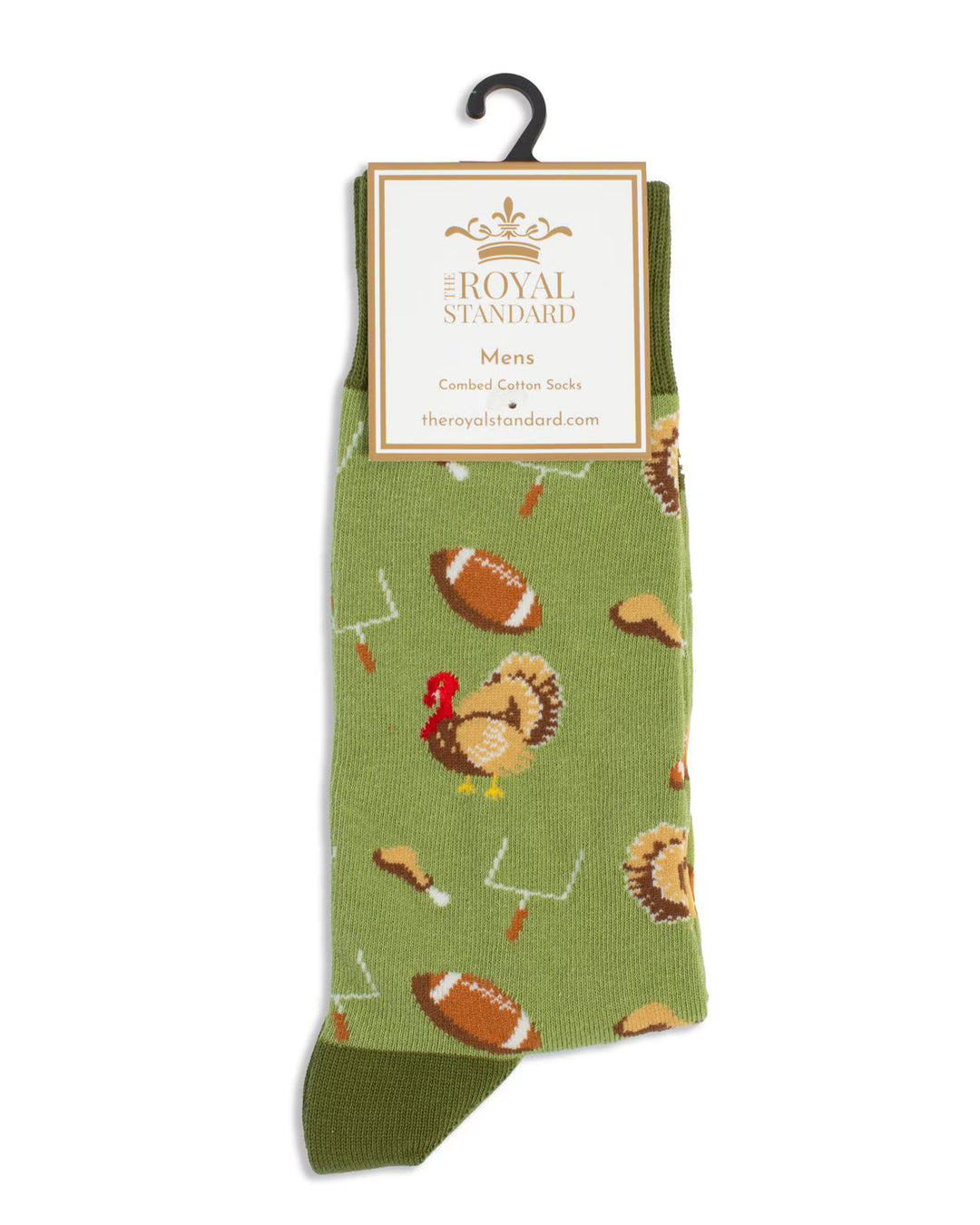 Men’s Thanksgiving Football Socks with green design featuring turkeys, footballs, goalposts, and drumsticks. Label reads “The Royal Standard, Mens Combed Cotton Socks, theroyalstandard.com.” Available in men’s sizes 6-12.