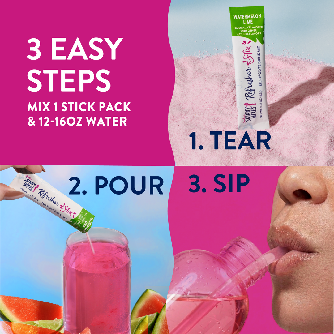 Instructional graphic for Refresher Stix 16 ct - Watermelon Lime, showing three steps to mix and enjoy the zero sugar beverage.