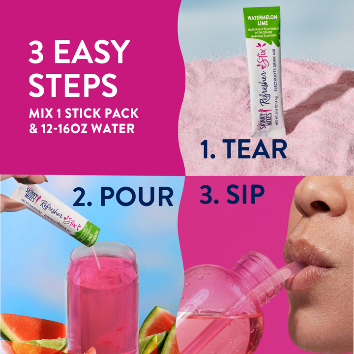 Instructional graphic for Refresher Stix 16 ct - Watermelon Lime, showing three steps to mix and enjoy the zero sugar beverage.