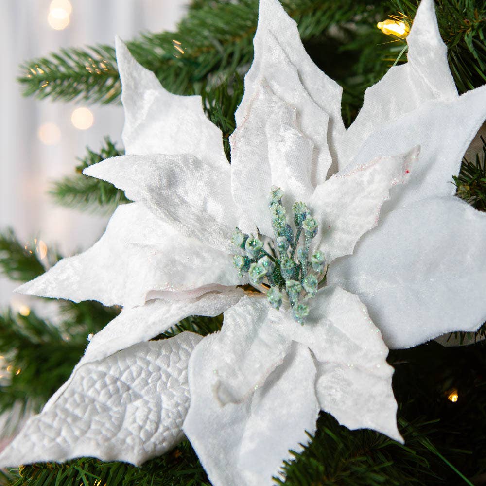 Large burgundy Artificial Velveteen Poinsettia ornament with textured petals. Available in multiple sizes.