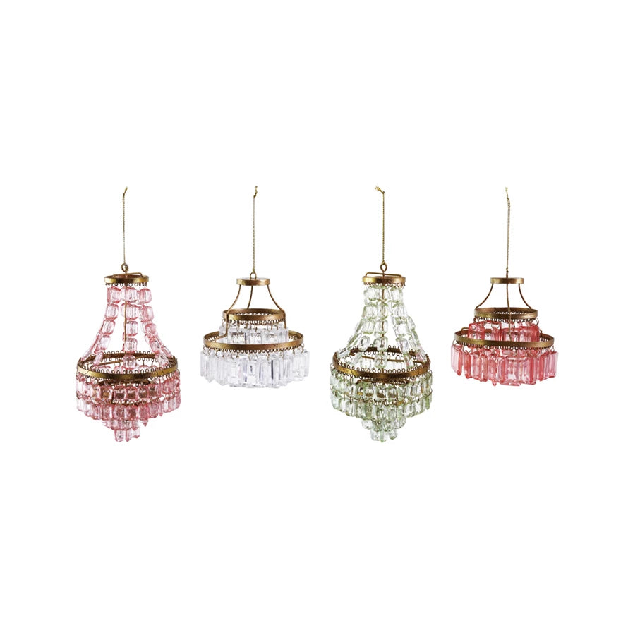 Four Chandelier Ornaments in pink, clear, light green, and dark pink, featuring tiered faceted glass beads and gold-tone metal frames.