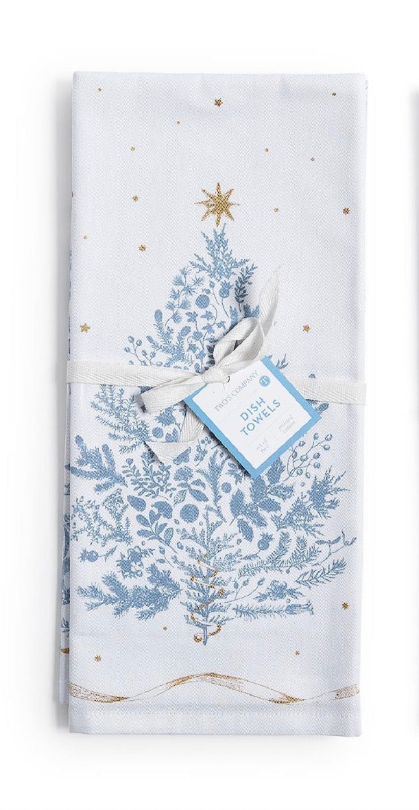 Folded white Gilded Cottage Dish Towels with blue botanical tree print and gold accents.